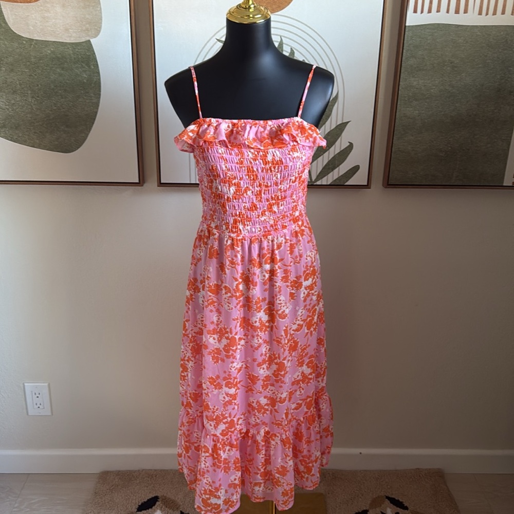 3/$10 Sienna Sky Ruched Dress in Pink and Orange Floral